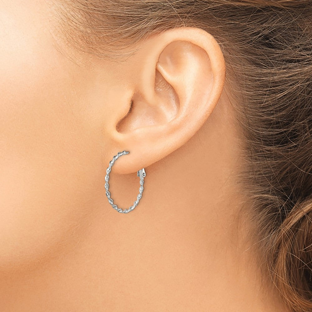 Sterling Silver Rhodium-plated Twisted Omega Back Hoop Earrings - Product Photo