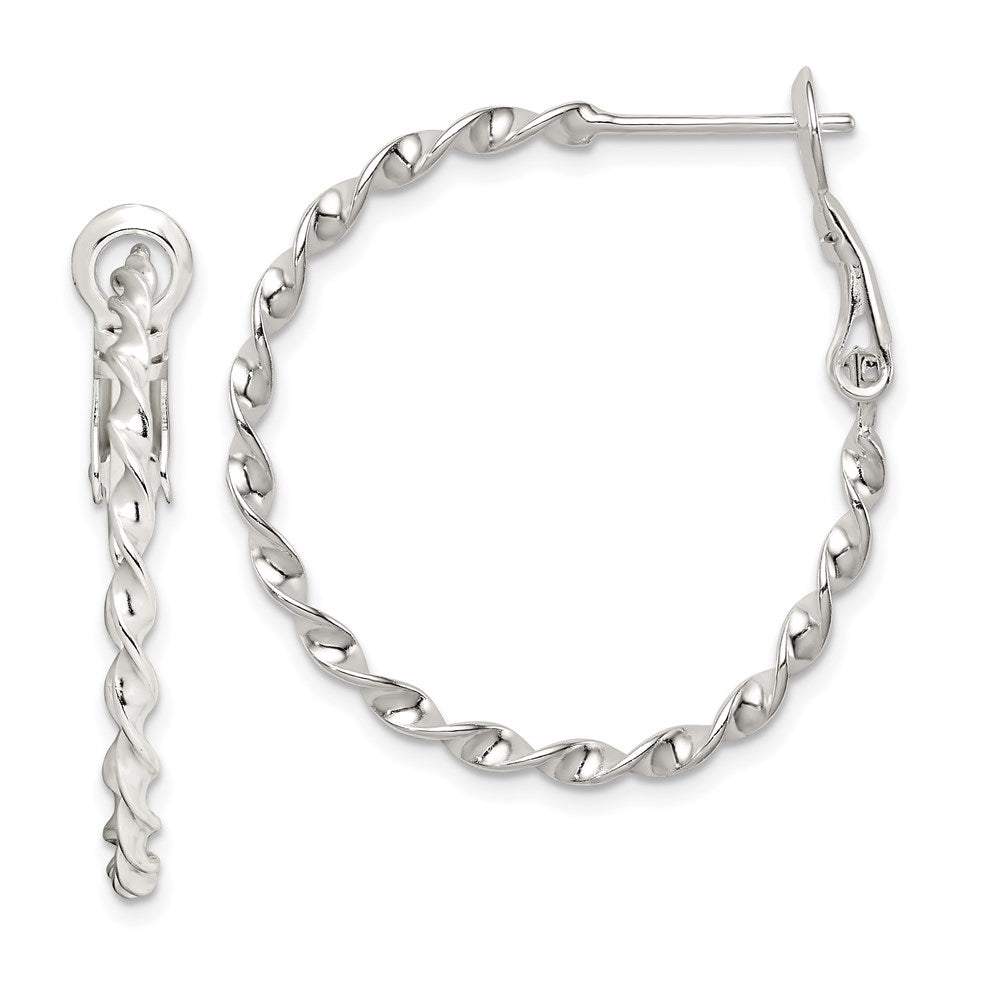 Sterling Silver Rhodium-plated Twisted Omega Back Hoop Earrings - Product Photo