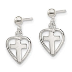 Sterling Silver Polished Cross in Heart Post Dangle Earrings - Product Photo