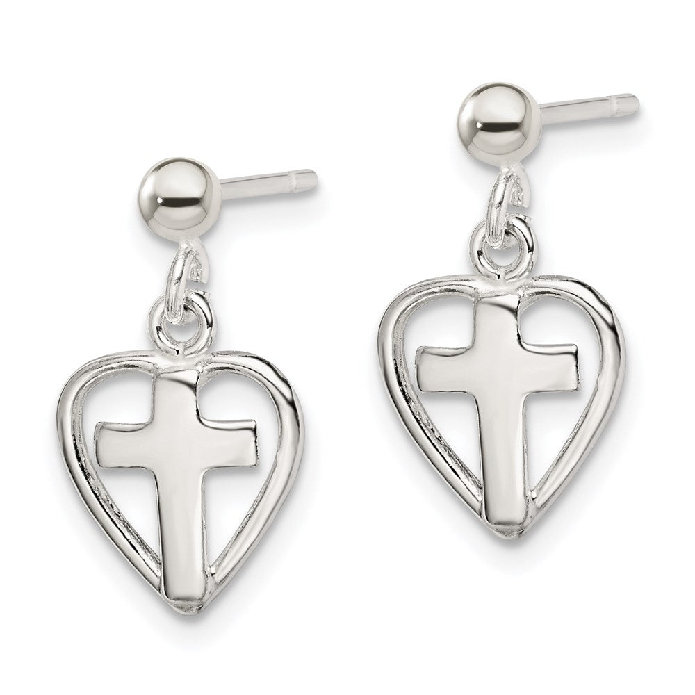 Sterling Silver Polished Cross in Heart Post Dangle Earrings - Product Photo