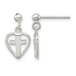 Sterling Silver Polished Cross in Heart Post Dangle Earrings - Product Photo