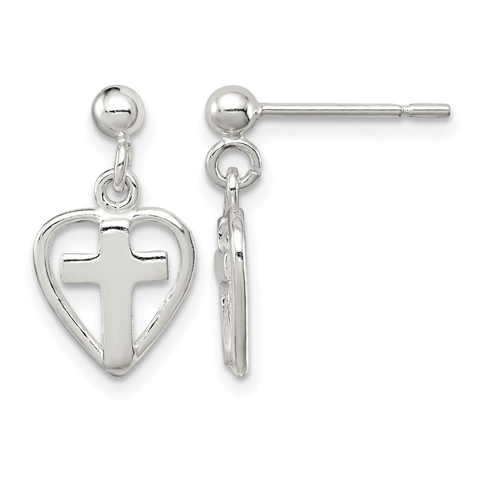 Sterling Silver Polished Cross in Heart Post Dangle Earrings - Product Photo