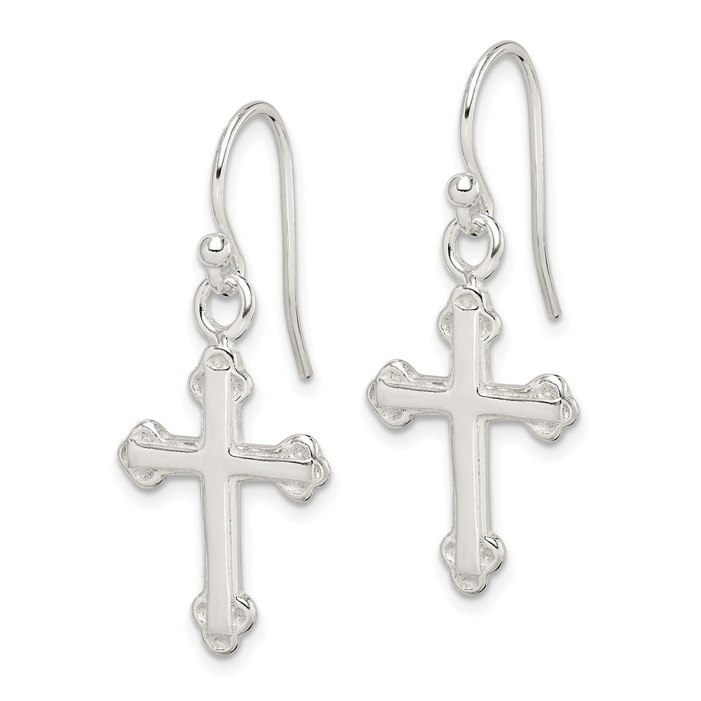 Sterling Silver Polished Budded Cross Dangle Earrings - Product Photo
