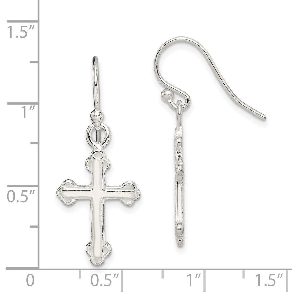 Sterling Silver Polished Budded Cross Dangle Earrings - Product Photo