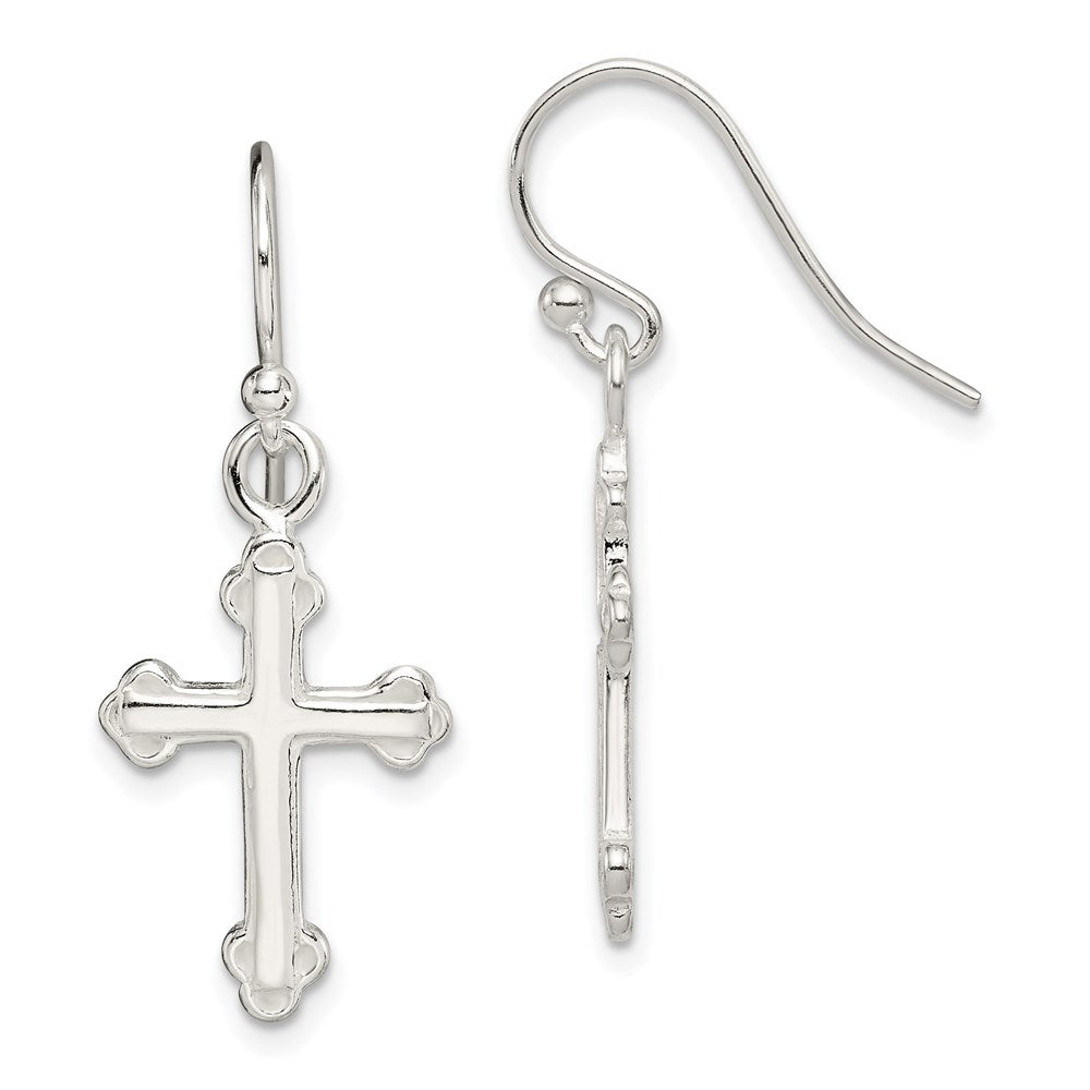 Sterling Silver Polished Budded Cross Dangle Earrings - Product Photo