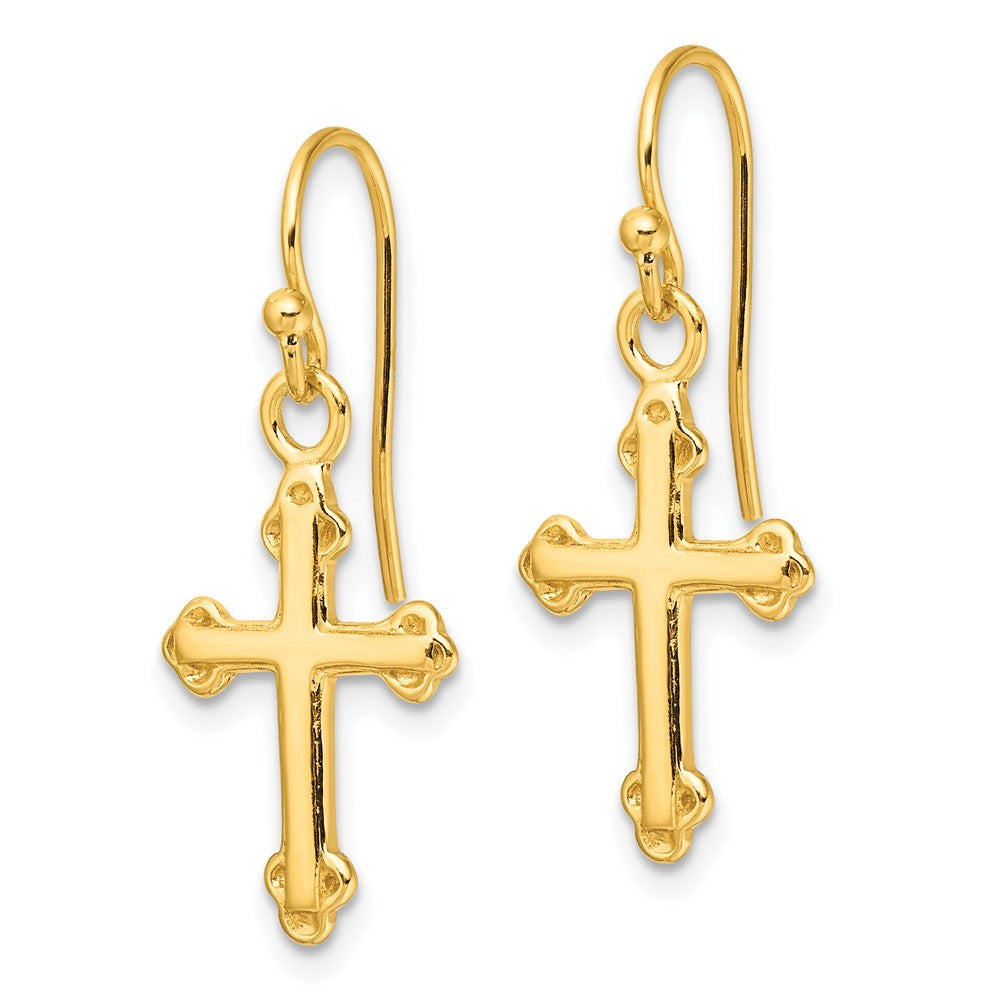 Sterling Silver Gold-tone Polished Budded Cross Dangle Earrings - Product Photo