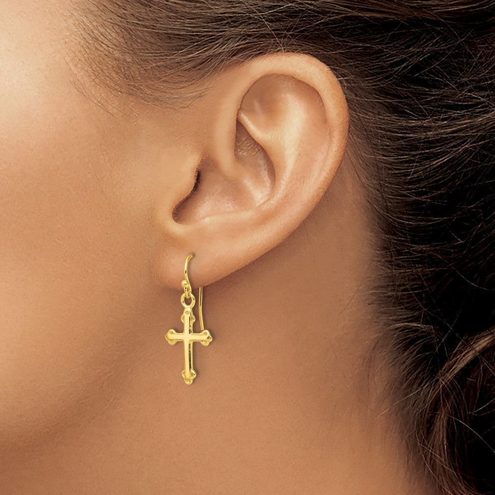 Sterling Silver Gold-tone Polished Budded Cross Dangle Earrings - Product Photo
