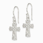 Sterling Silver Polished & Textured Cross Dangle Earrings - Product Photo