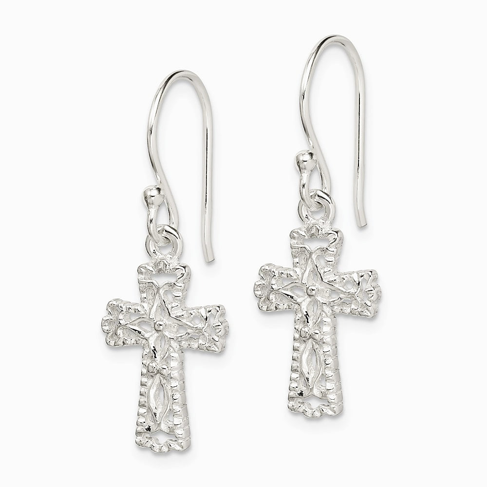 Sterling Silver Polished & Textured Cross Dangle Earrings - Product Photo