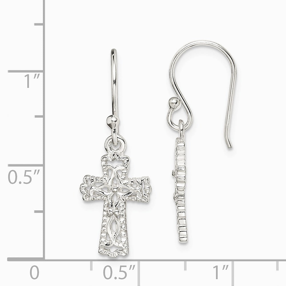 Sterling Silver Polished & Textured Cross Dangle Earrings - Product Photo