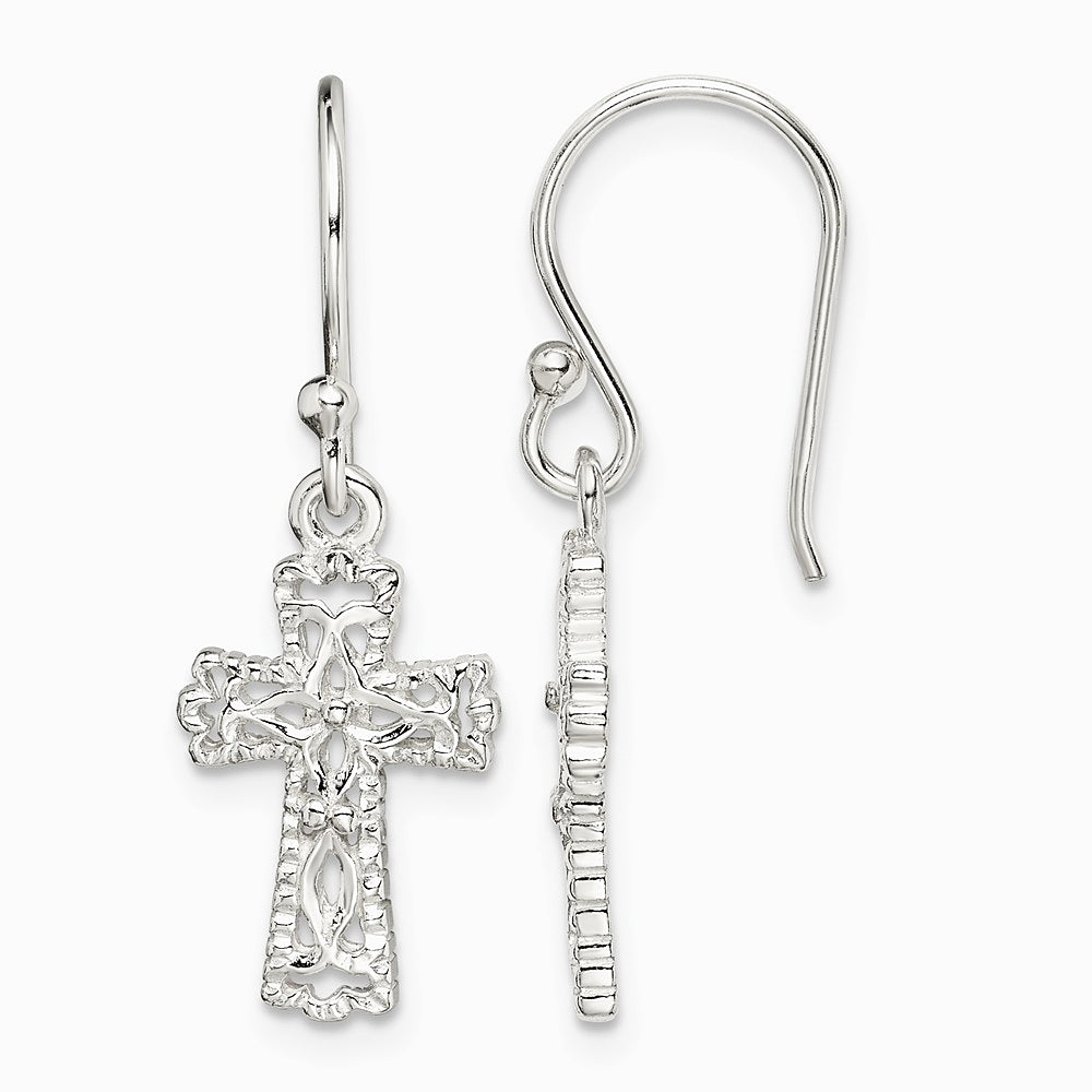 Sterling Silver Polished & Textured Cross Dangle Earrings - Product Photo