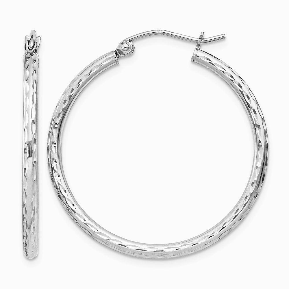 Sterling Silver Rhodium-plated 2mm Diamond Cut Hoop Earrings - Product Photo