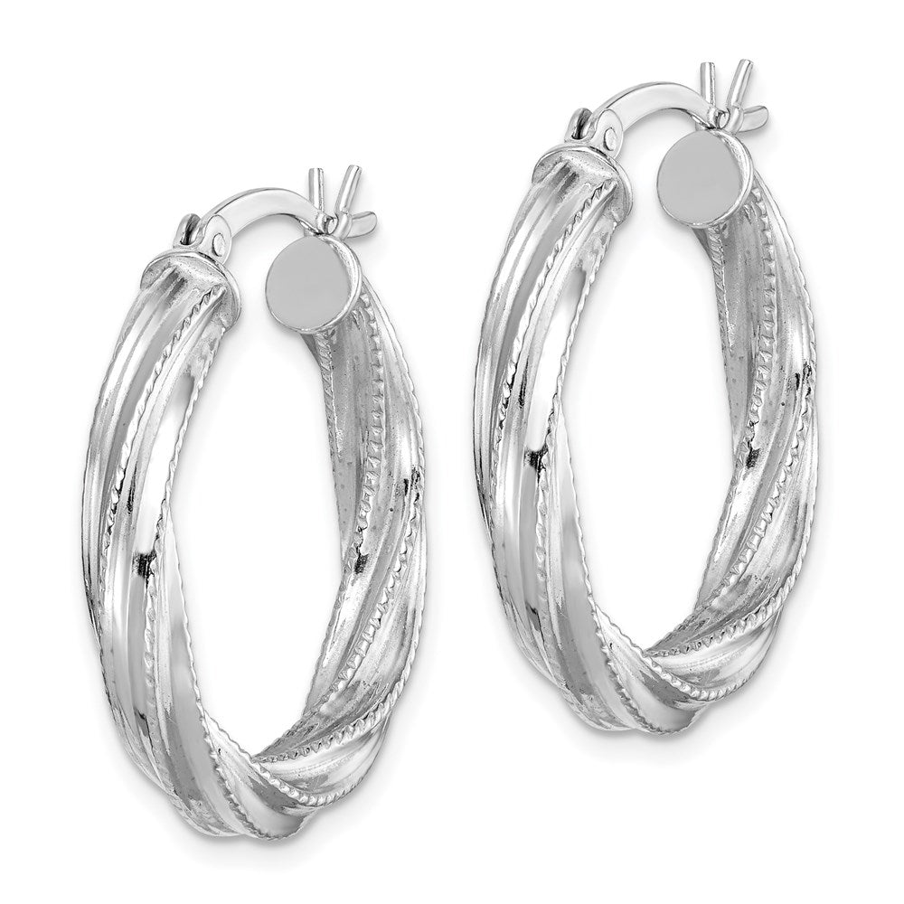 Sterling Silver Rhodium-plated Patterned Twisted 4x25mm Hoop Earrings - Product Photo
