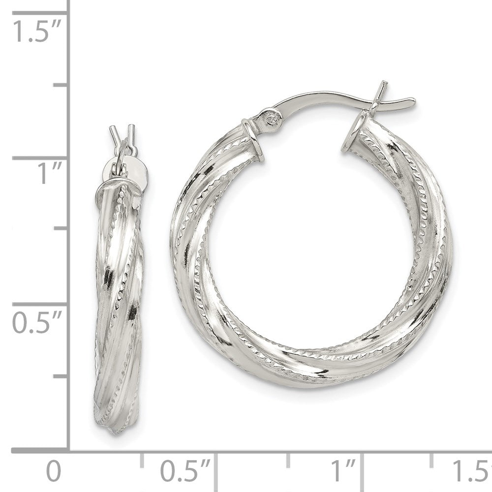 Sterling Silver Rhodium-plated Patterned Twisted 4x25mm Hoop Earrings - Product Photo