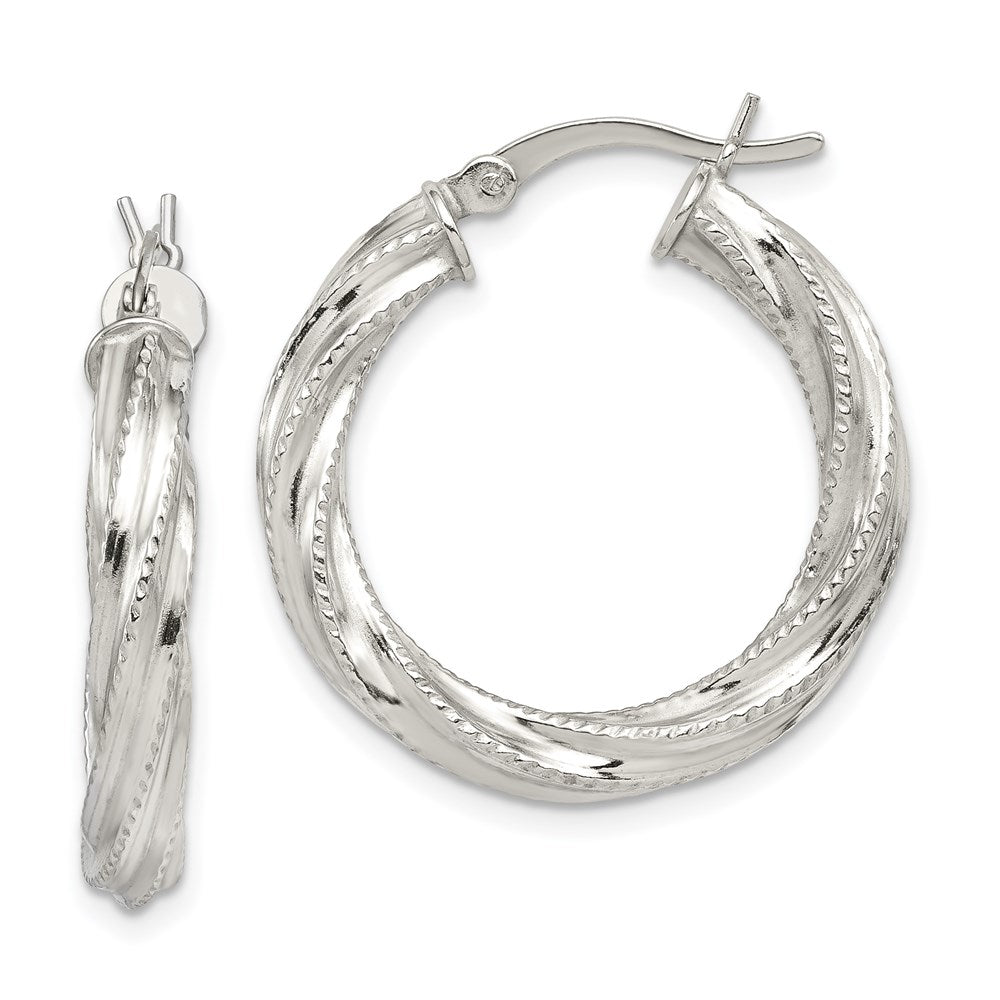 Sterling Silver Rhodium-plated Patterned Twisted 4x25mm Hoop Earrings