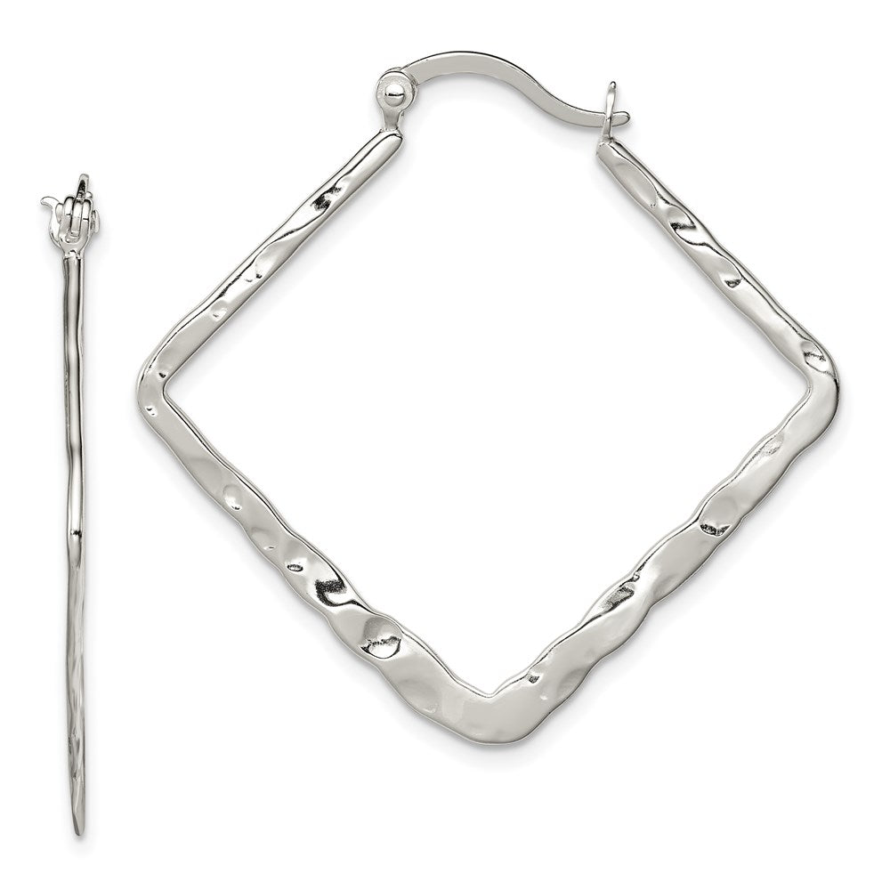 Sterling Silver Rhod-pltd Polished/Hammered Square Hoop Earrings - Product Photo