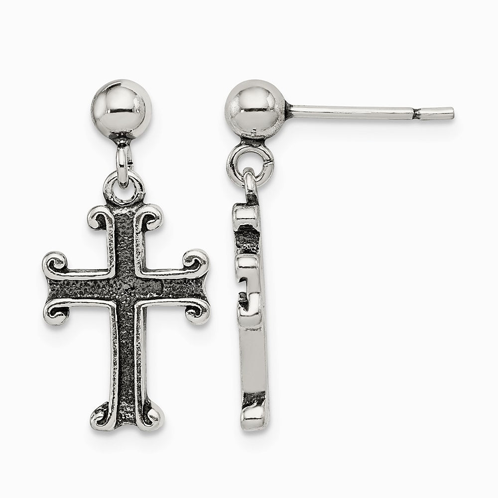 Sterling Silver Polished & Antiqued Cross Post Dangle Earrings
