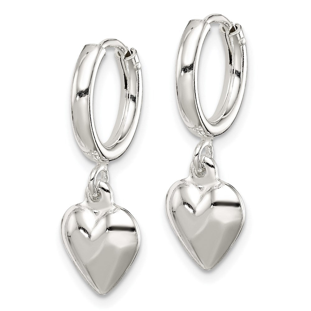 Sterling Silver Polished Puff Heart Dangle Hoop Earrings - Product Photo