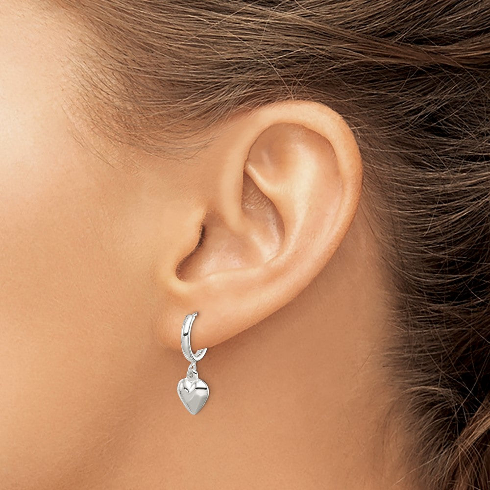 Sterling Silver Polished Puff Heart Dangle Hoop Earrings - Product Photo