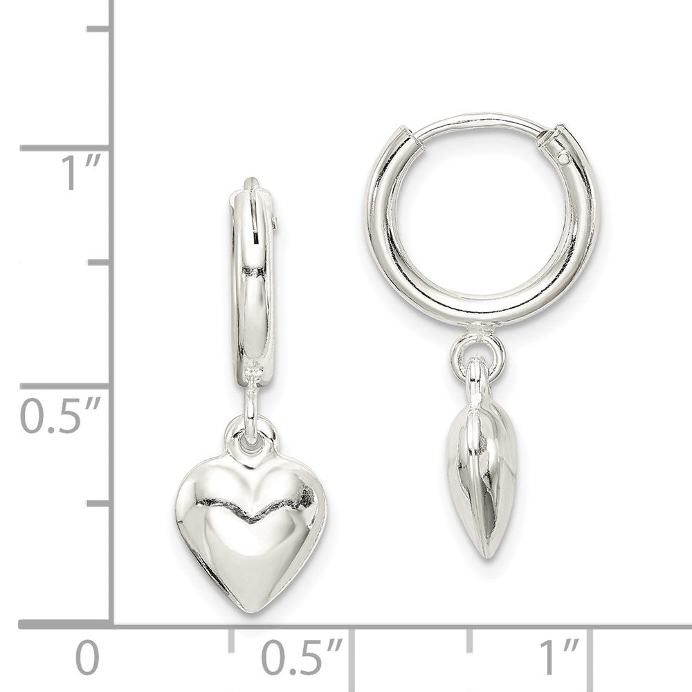 Sterling Silver Polished Puff Heart Dangle Hoop Earrings - Product Photo