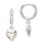 Sterling Silver Polished Puff Heart Dangle Hoop Earrings - Product Photo