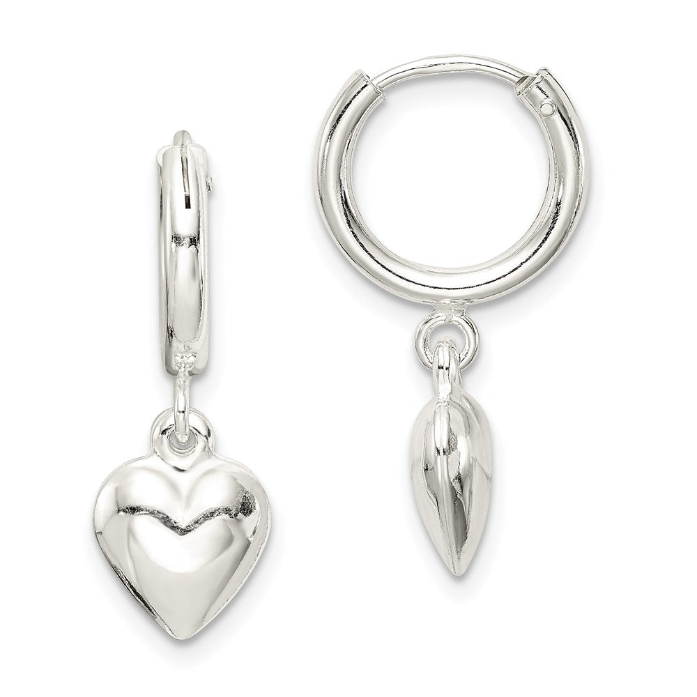 Sterling Silver Polished Puff Heart Dangle Hoop Earrings - Product Photo