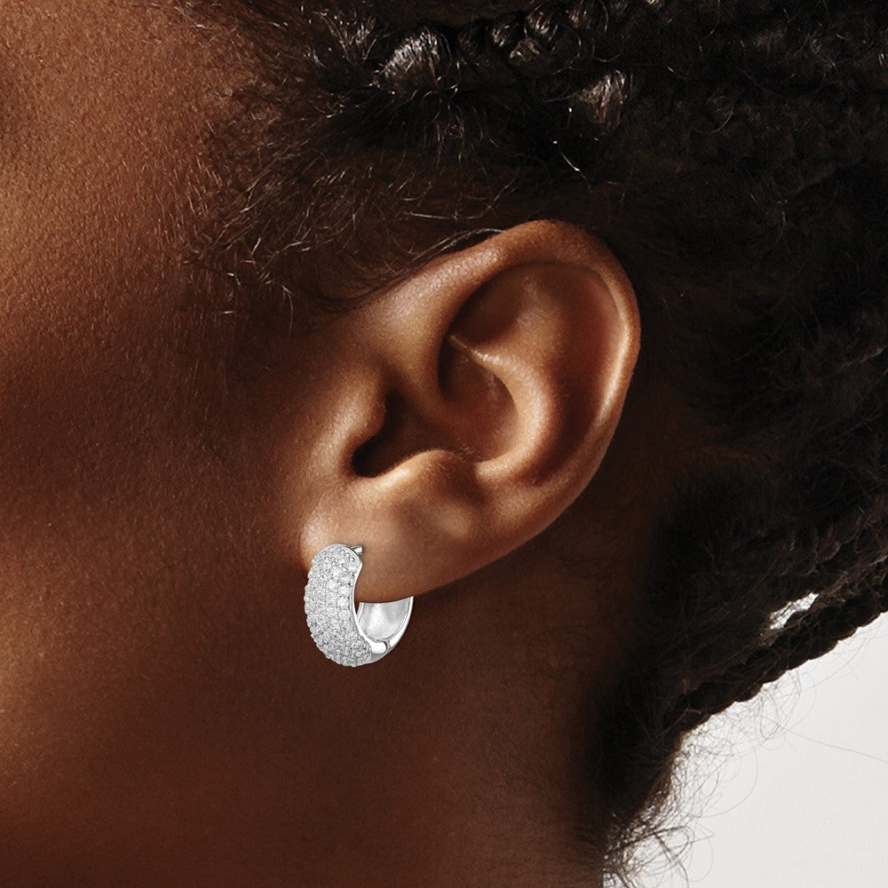 Sterling Silver Rhodium-plated CZ Hinged Hoop Earrings - Product Photo
