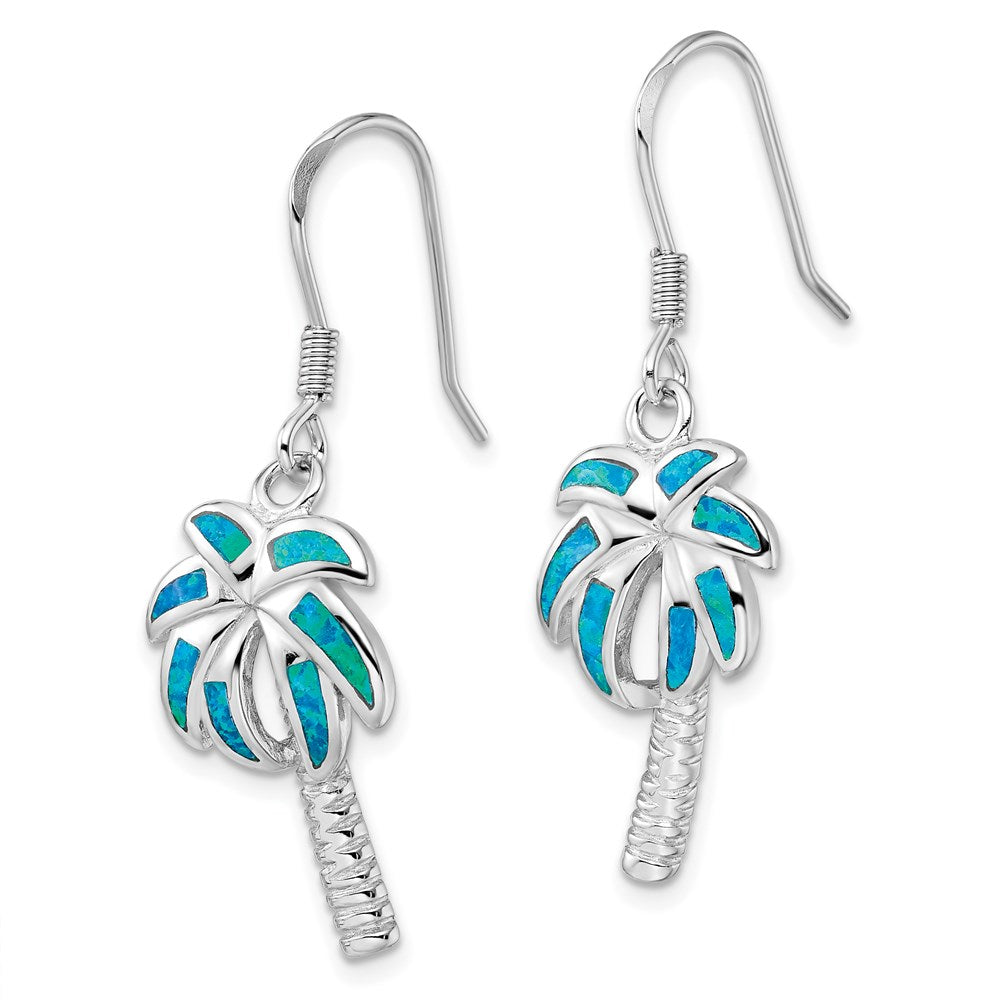 Sterling Silver Rhod-pltd Created Blue Opal Inlay Palm Tree Dangle Earrings - Product Photo