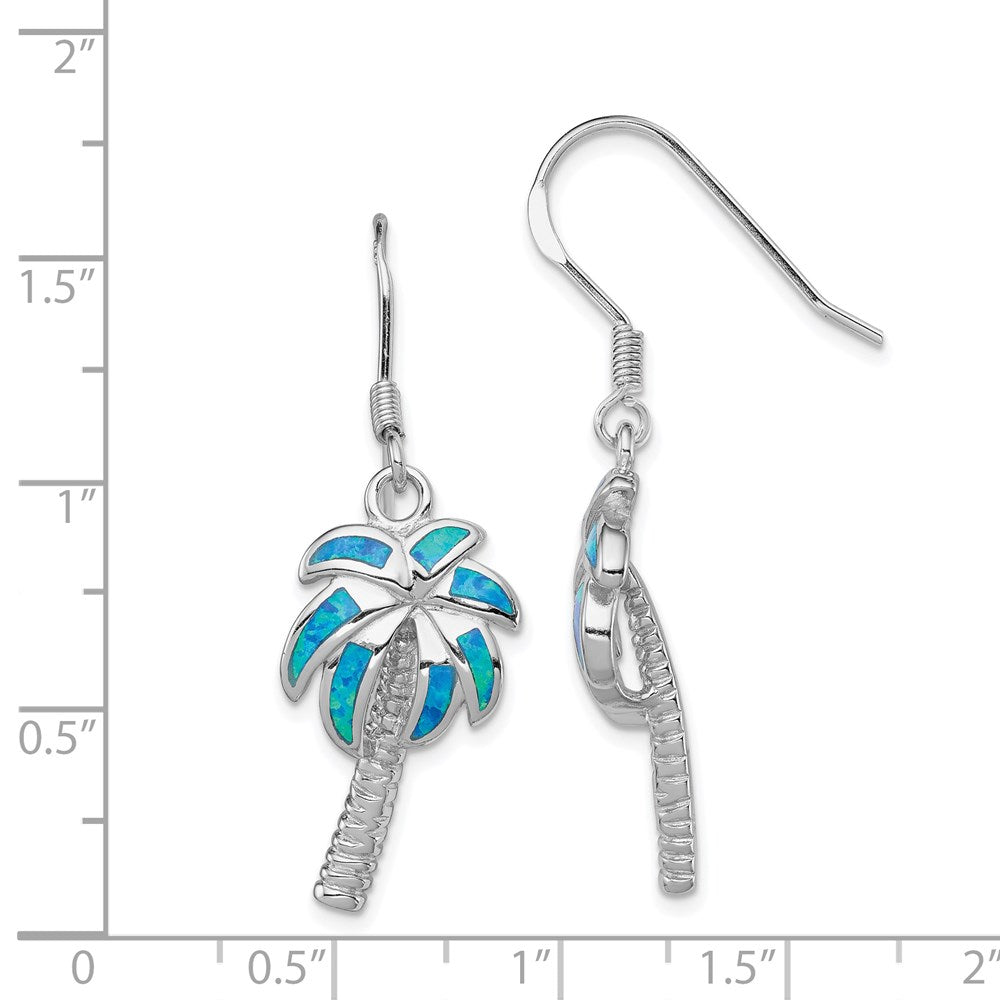 Sterling Silver Rhod-pltd Created Blue Opal Inlay Palm Tree Dangle Earrings - Product Photo