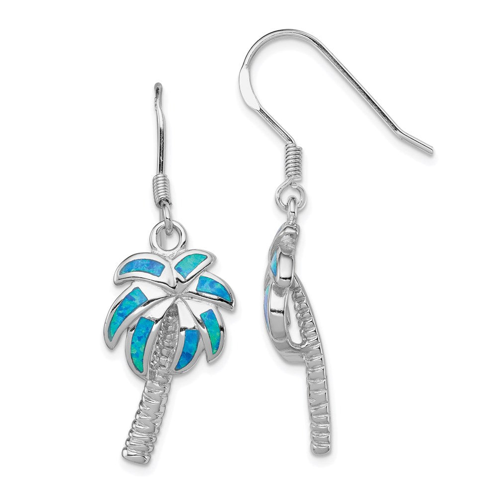 Sterling Silver Rhodium-pltd Created Blue Opal Inlay Palm Tree Dangle Earrings