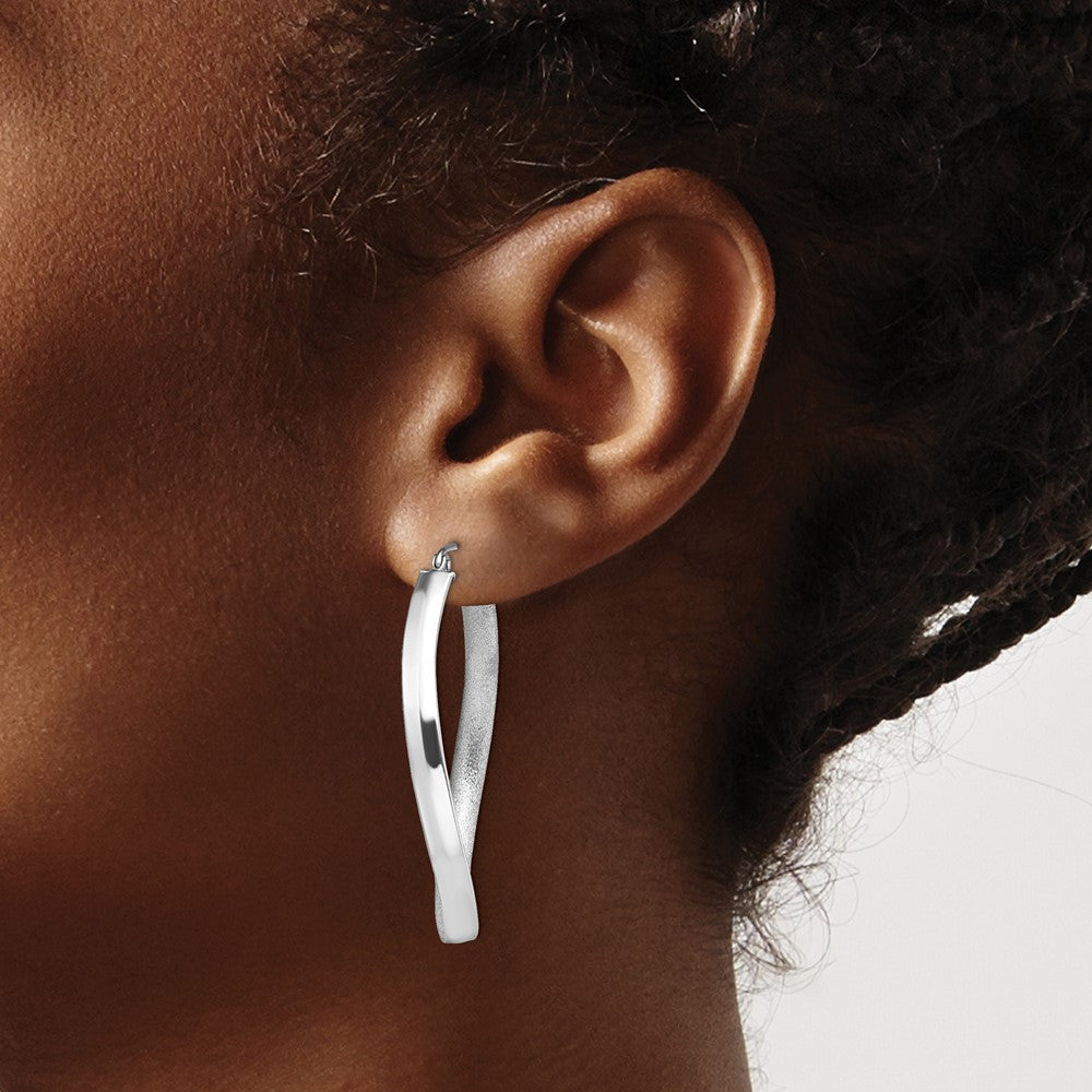 Sterling Silver RH-plated Polished/Satin Twisted Oval Hoop Earrings - Product Photo