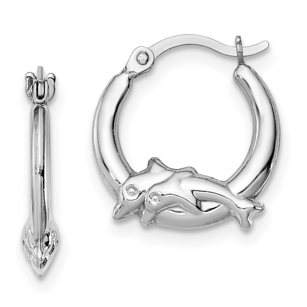 Sterling Silver Rhodium-plated Polished Dolphin Round Hoop Earrings - Product Photo