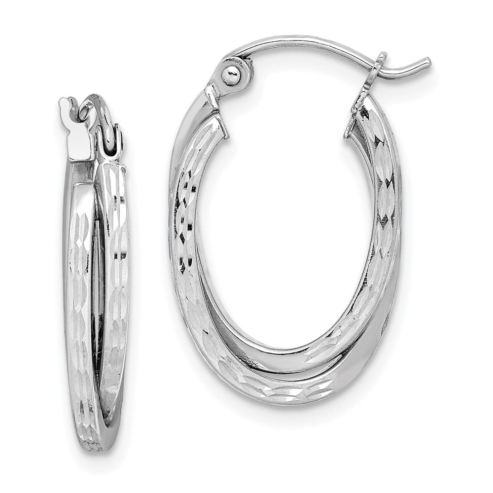 Sterling Silver Rhodium Plated Textured Double Oval Hoop Earrings - Product Photo