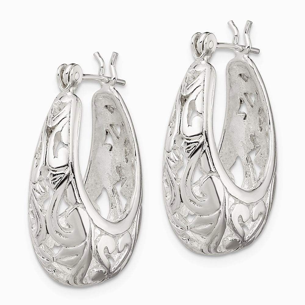 Sterling Silver Polished Filigree Oval Hoop Earrings - Product Photo