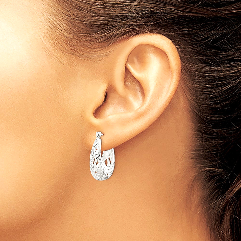 Sterling Silver Polished Filigree Oval Hoop Earrings - Product Photo