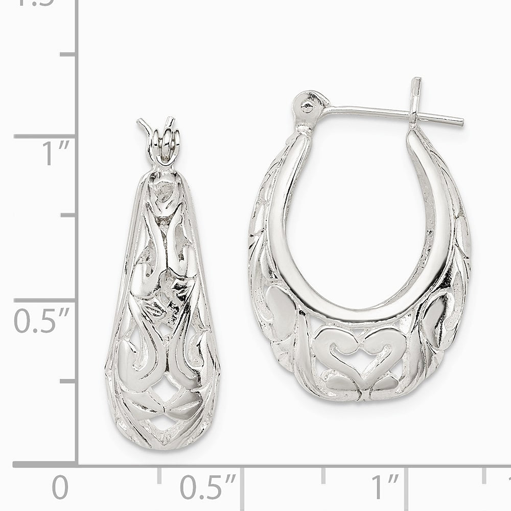 Sterling Silver Polished Filigree Oval Hoop Earrings - Product Photo