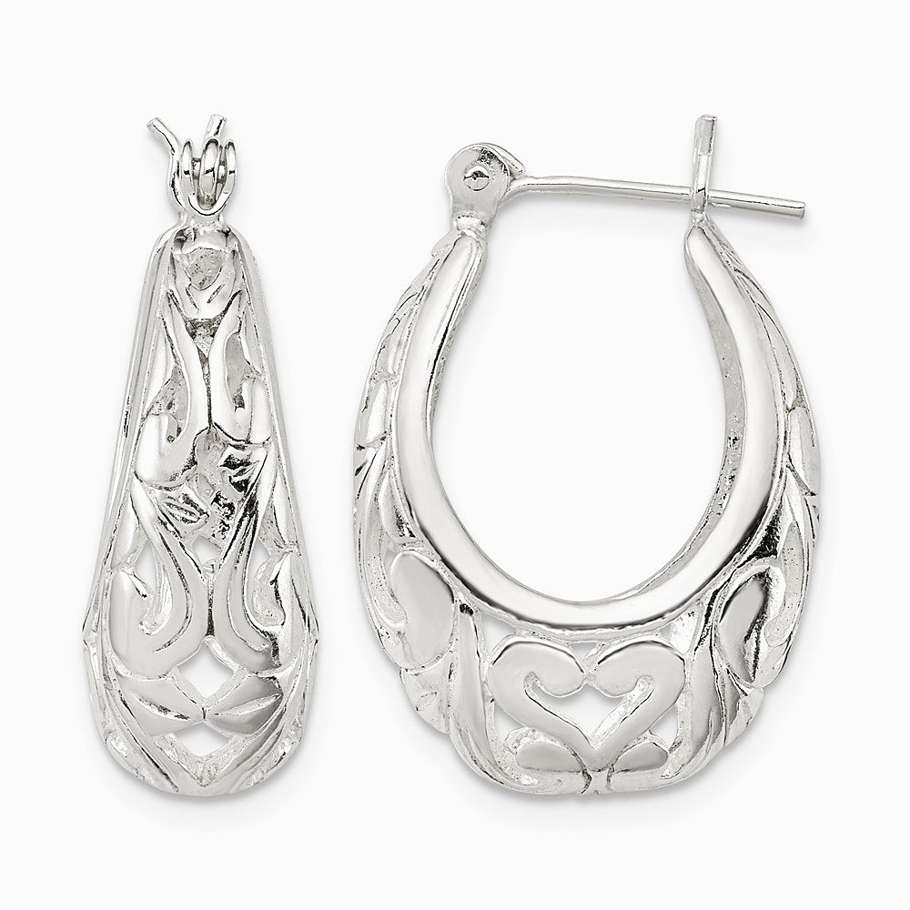 Sterling Silver Polished Filigree Oval Hoop Earrings