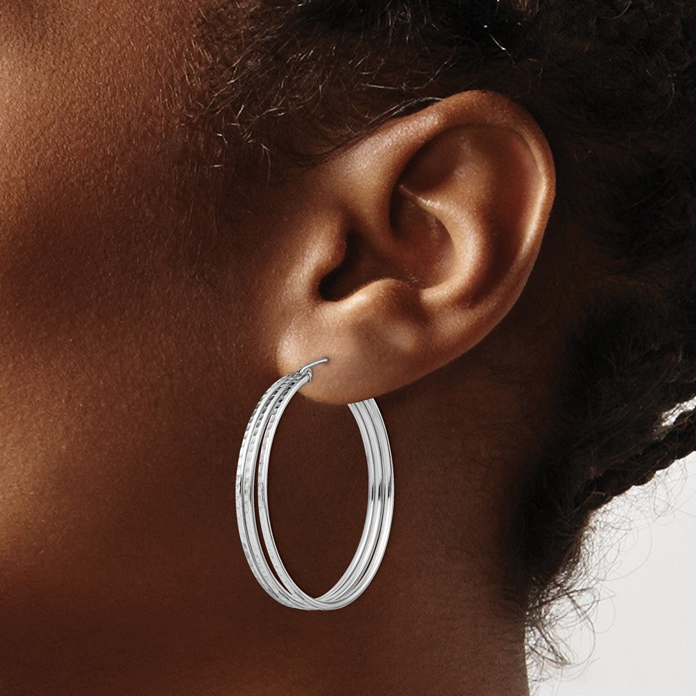 Sterling Silver Rhodium Plated Textured Fancy Hoop Earrings - Product Photo
