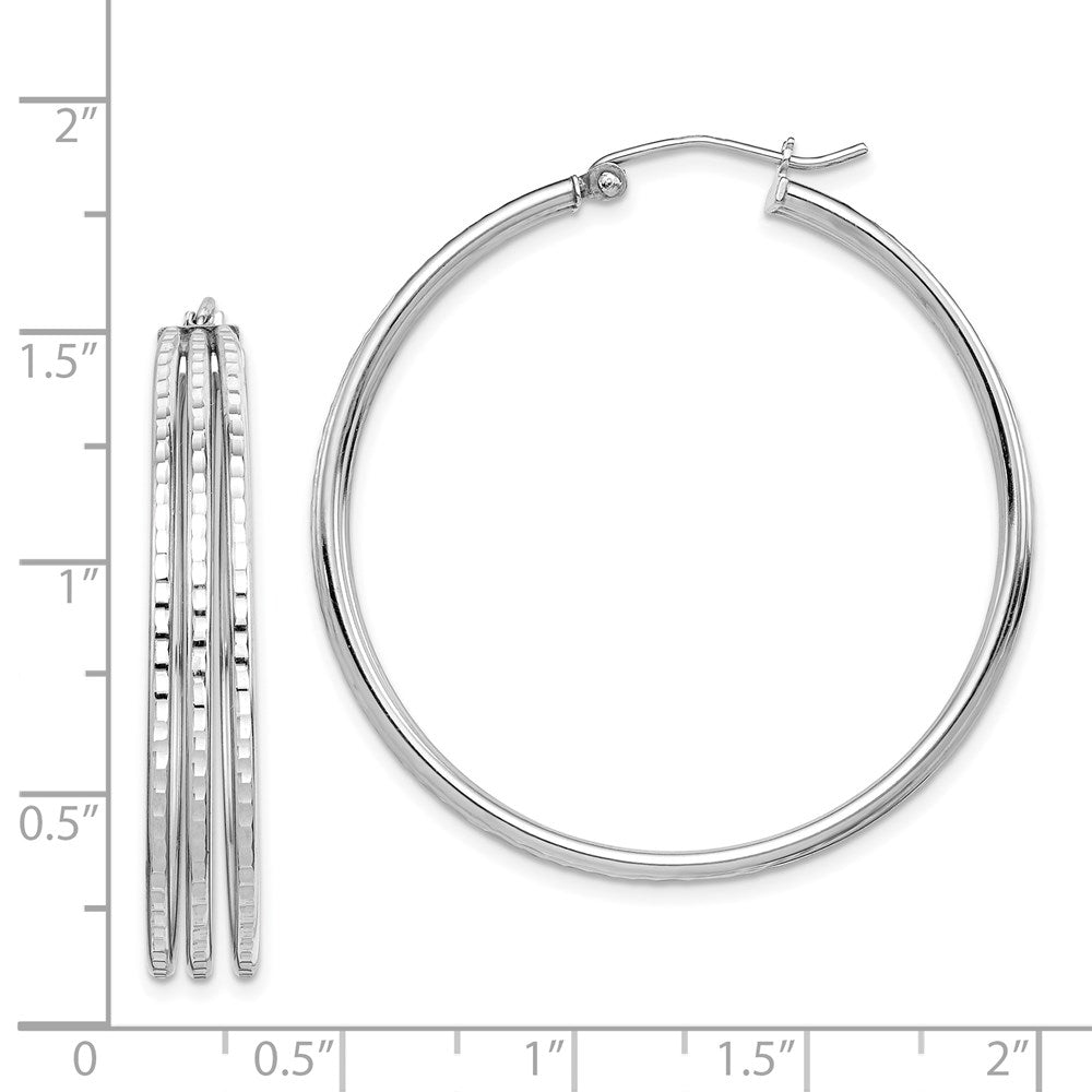 Sterling Silver Rhodium Plated Textured Fancy Hoop Earrings - Product Photo
