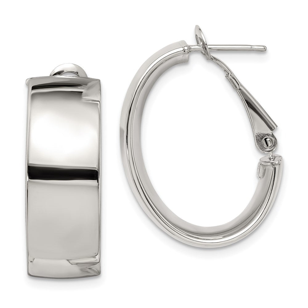 Sterling Silver Rhodium-pltd Polish 10mm Omega Back Oval Hoop Earrings