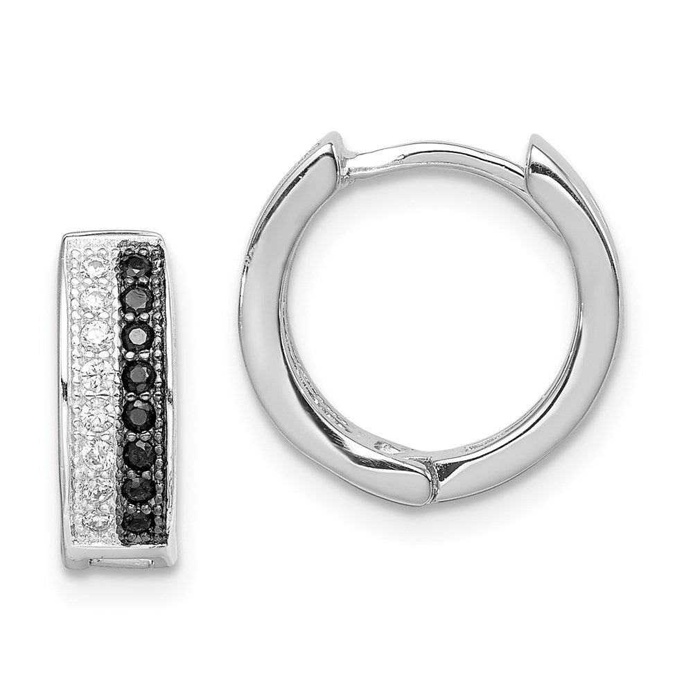 Sterling Silver RH-plated Black & White CZ Hinged Round Hoop Earrings - Product Photo
