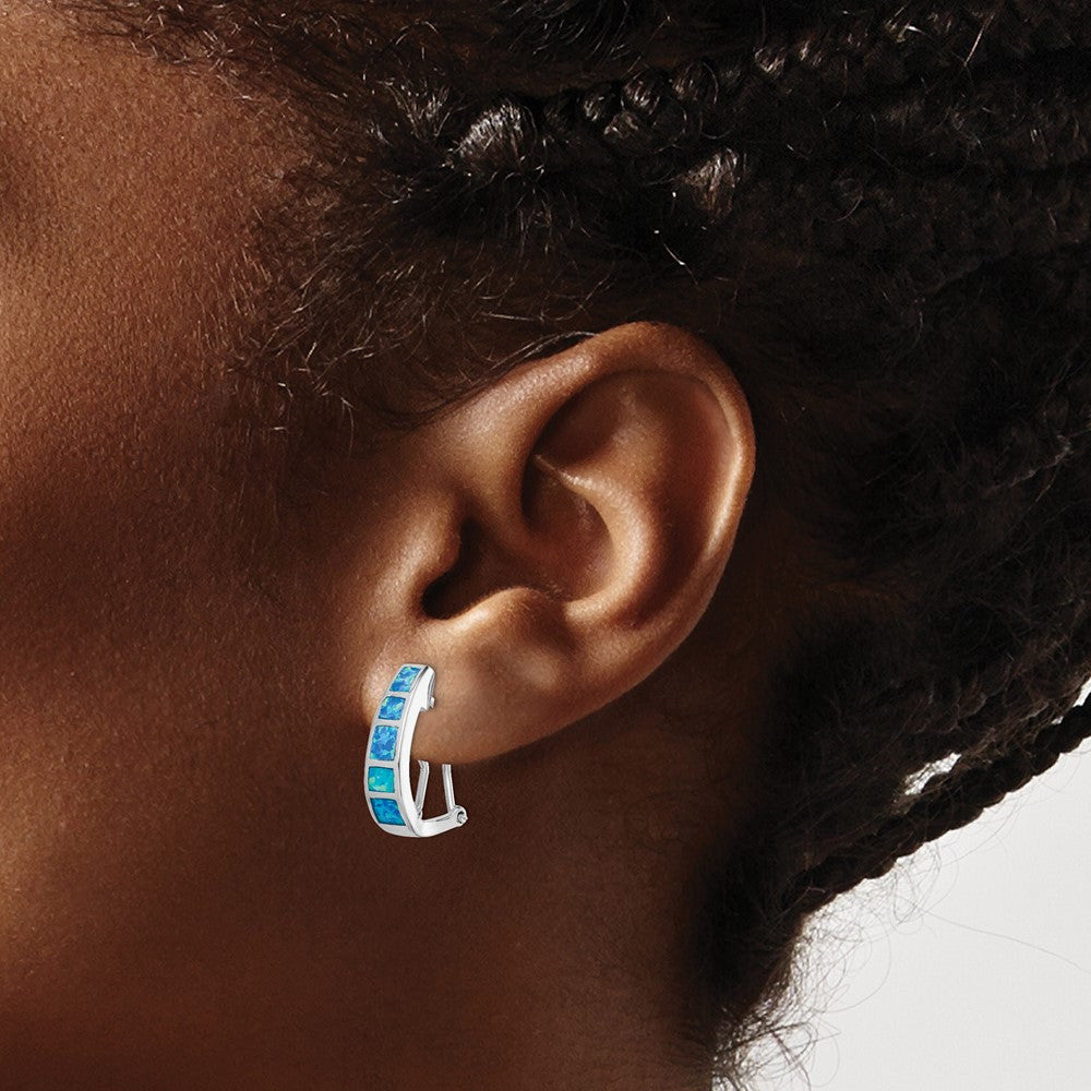 Sterling Silver RH-plated Polished Blue Created Opal Inlay J-Hoop Earrings - Product Photo