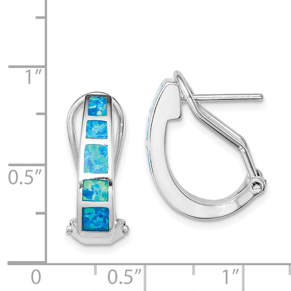 Sterling Silver RH-plated Polished Blue Created Opal Inlay J-Hoop Earrings - Product Photo