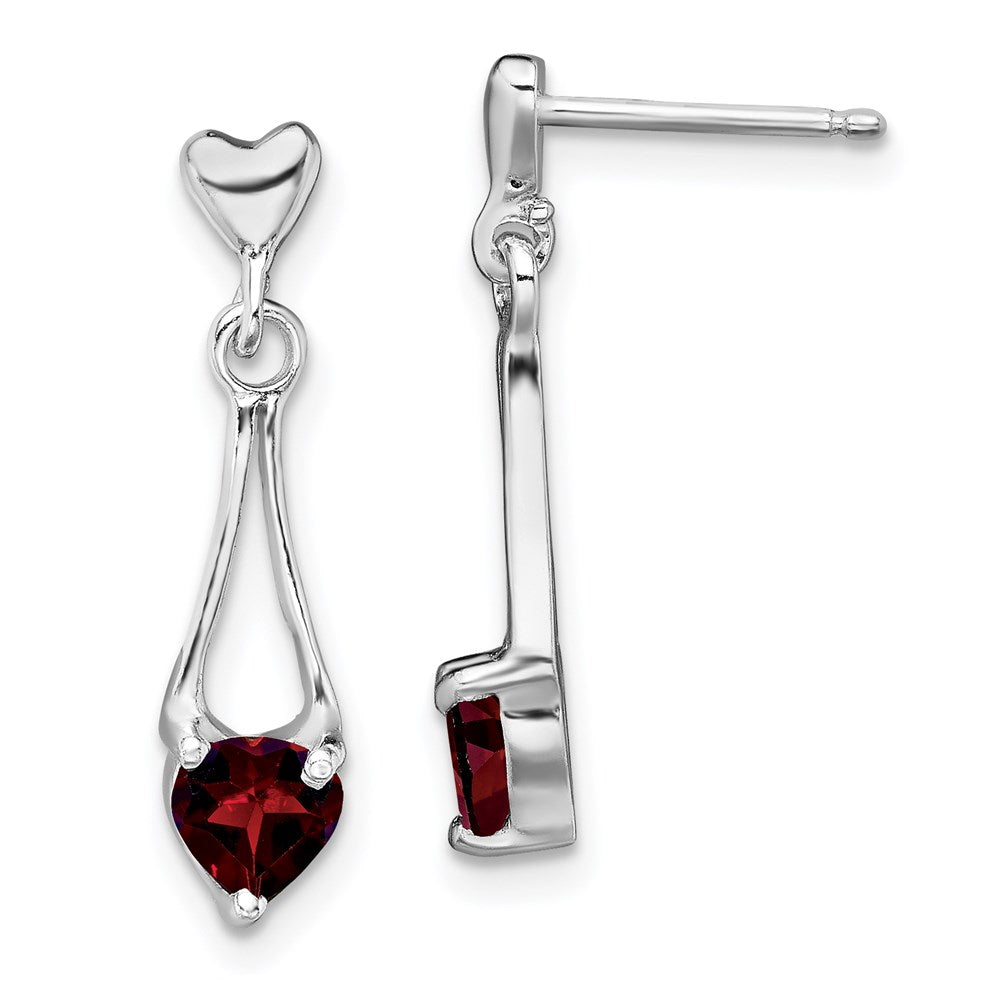 Sterling Silver Rhodium-plated Polished Garnet Heart Post Dangle Earrings - Product Photo