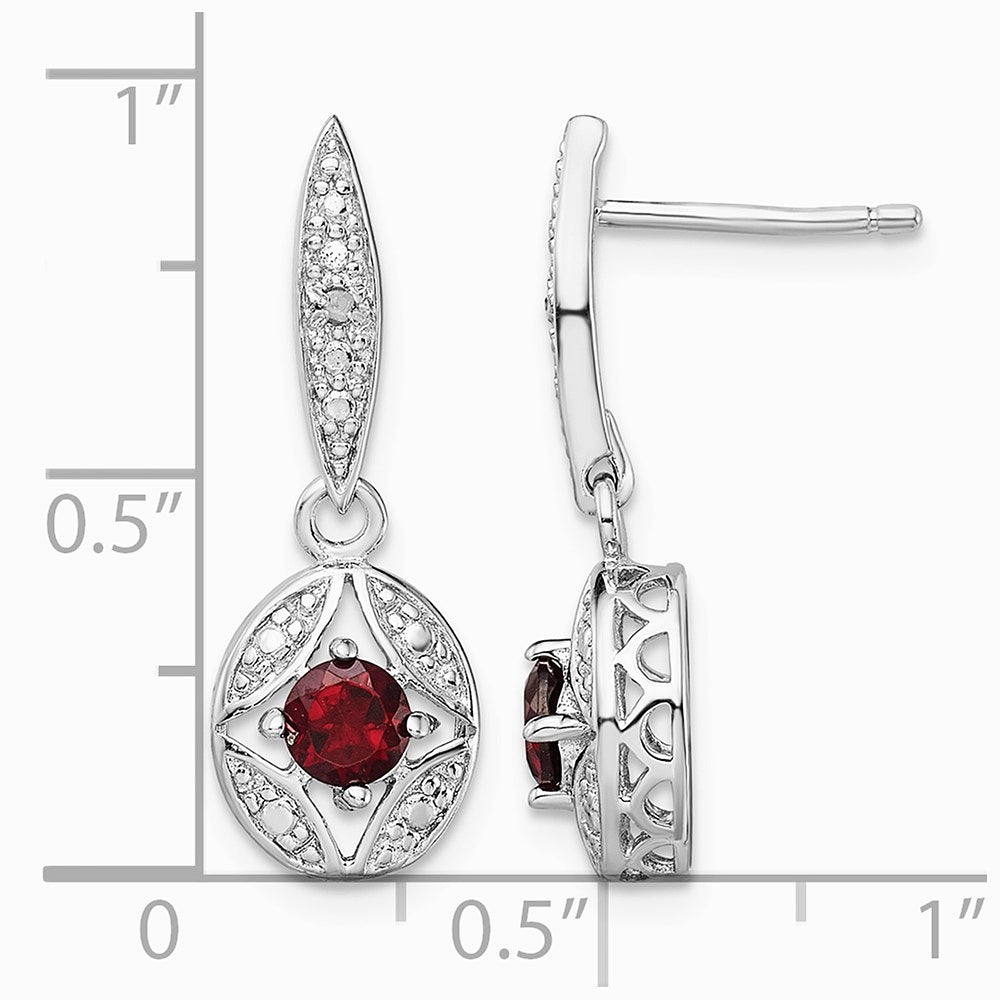 Sterling Silver Rhodium-plated Garnet and Diamond Dangle Earrings - Product Photo