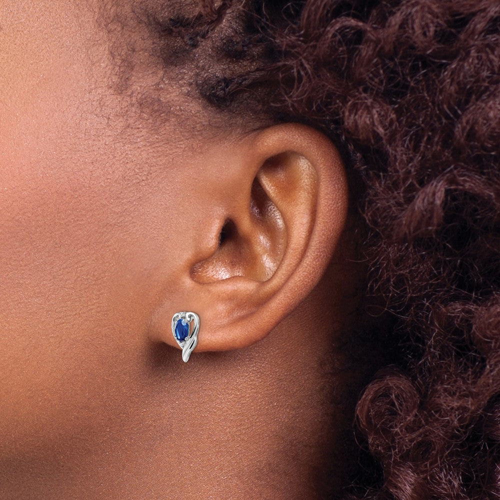 Sterling Silver Rhodium Plated Diamond & Sapphire Post Earrings - Product Photo