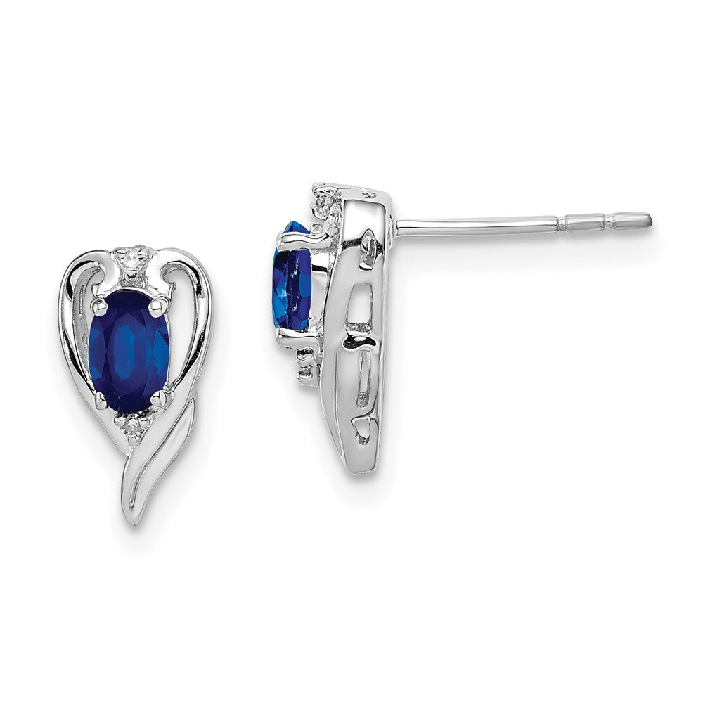Sterling Silver Rhodium Plated Diamond & Sapphire Post Earrings - Product Photo