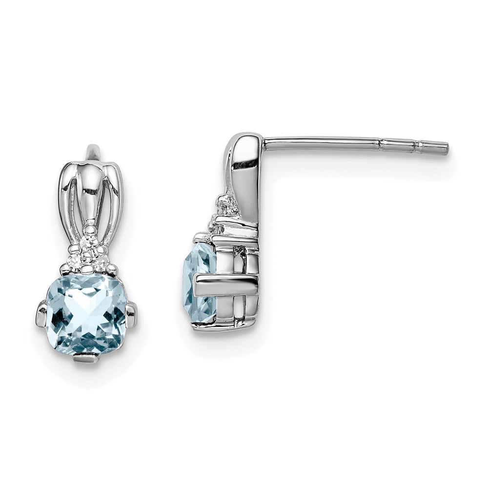 Sterling Silver Rhodium Plated Dia. Aquamarine Round Post Earrings - Product Photo