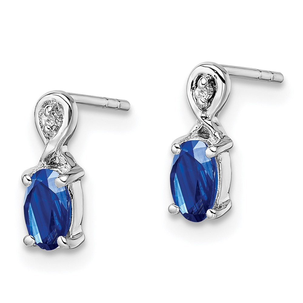Sterling Silver Rhodium Plated Diamond & Sapphire Oval Post Earrings - Product Photo