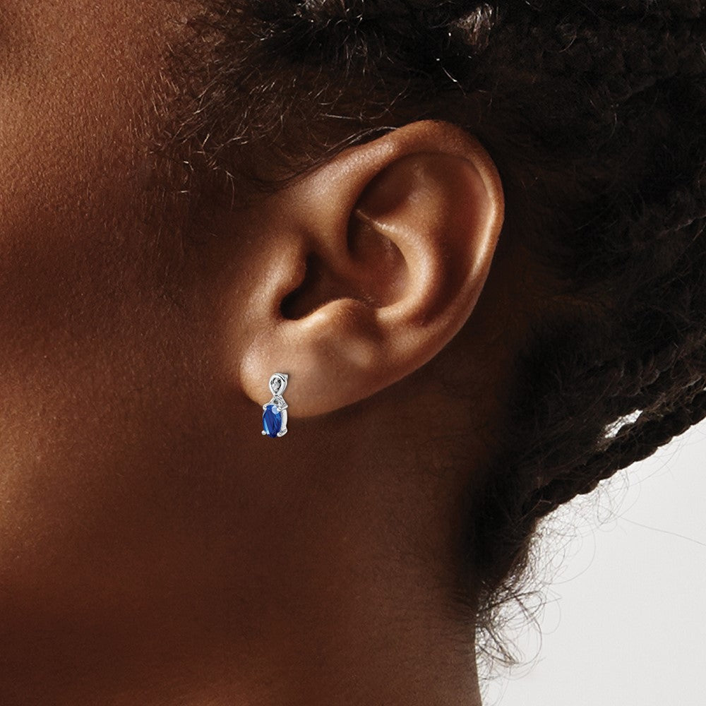 Sterling Silver Rhodium Plated Diamond & Sapphire Oval Post Earrings - Product Photo